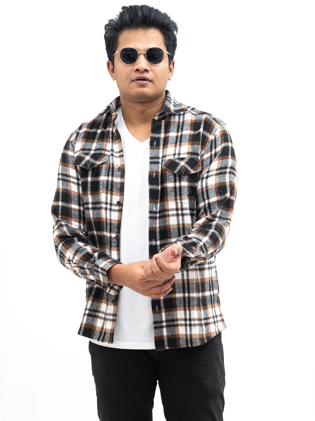 Brown dose check brushed shirt