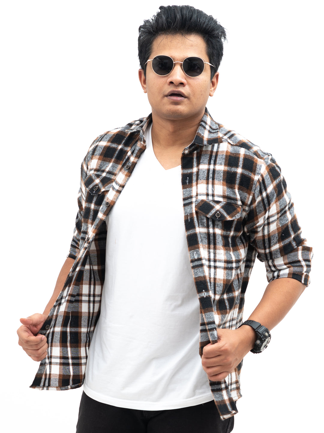 Brown dose check brushed shirt